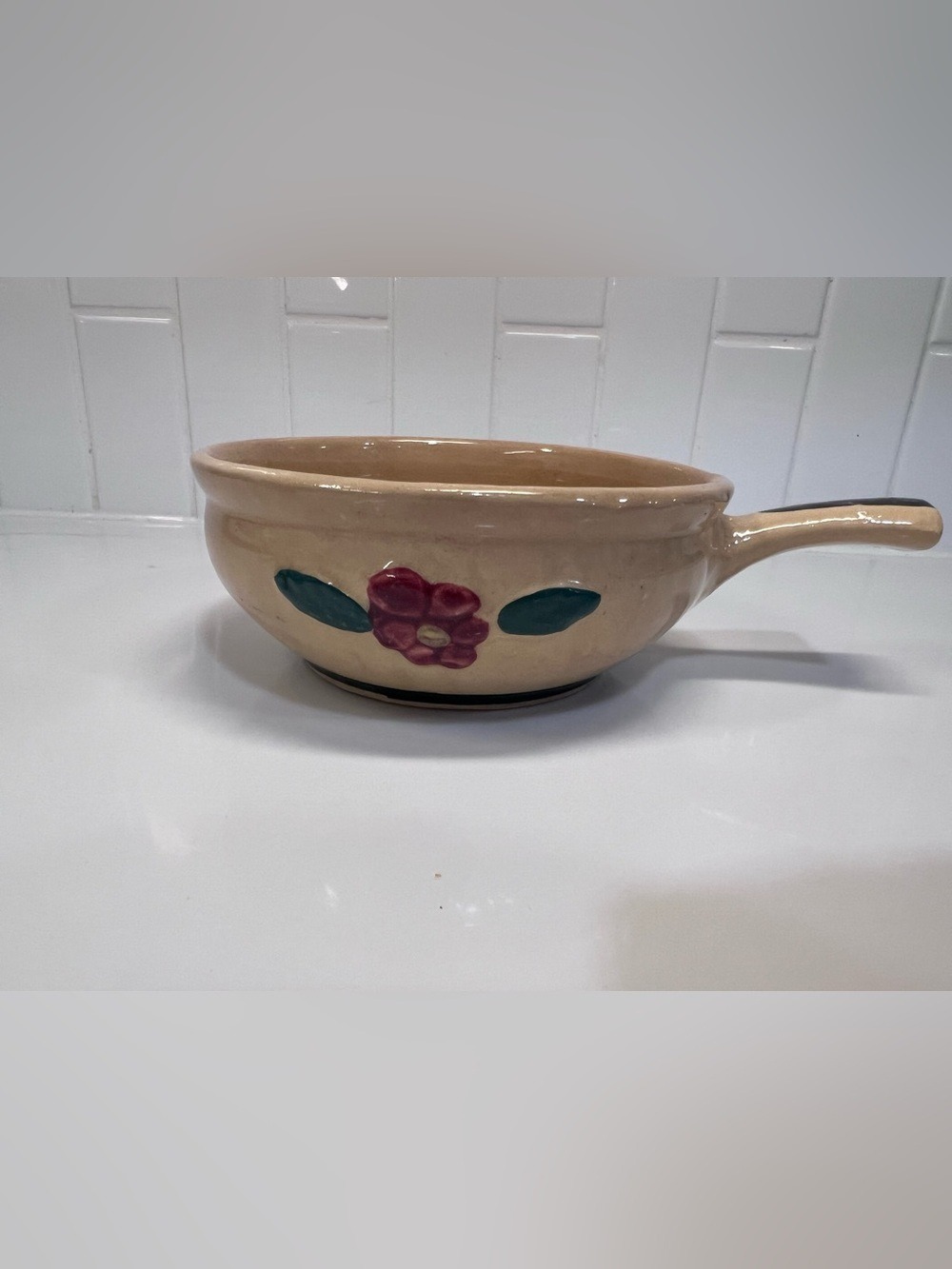 Watt Pottery Raised Pansy French Handled Individual Casserole With Lid